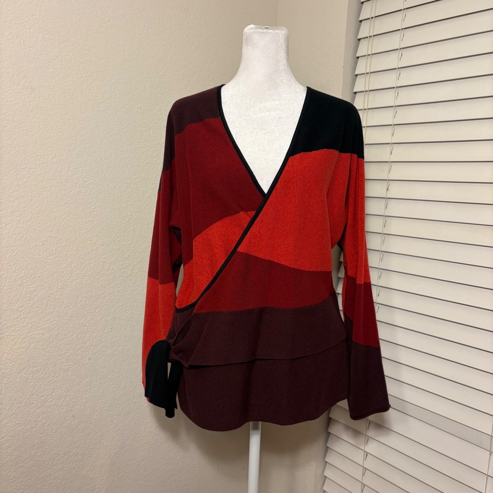 Nic + Zoe New Wave tie top aux wrap v neck red colorblock sweater size Medium